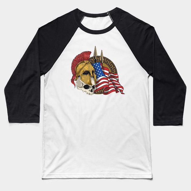 Spartan Armor Skull With American Flag Baseball T-Shirt by Mako Design 